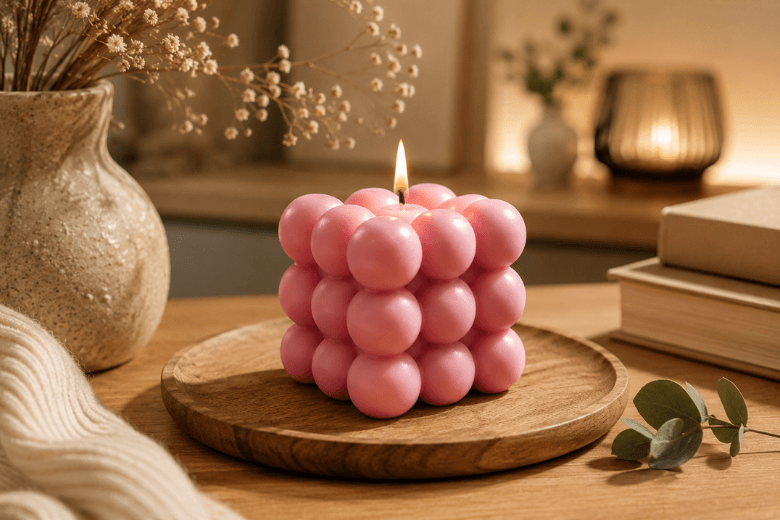 Moule design Bubble carré en silicone pour la création de bougies moulées modernes.