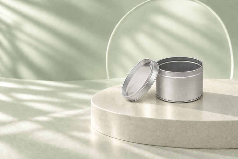Vente de contenants boite métallique pour la création de bougies moulées.
